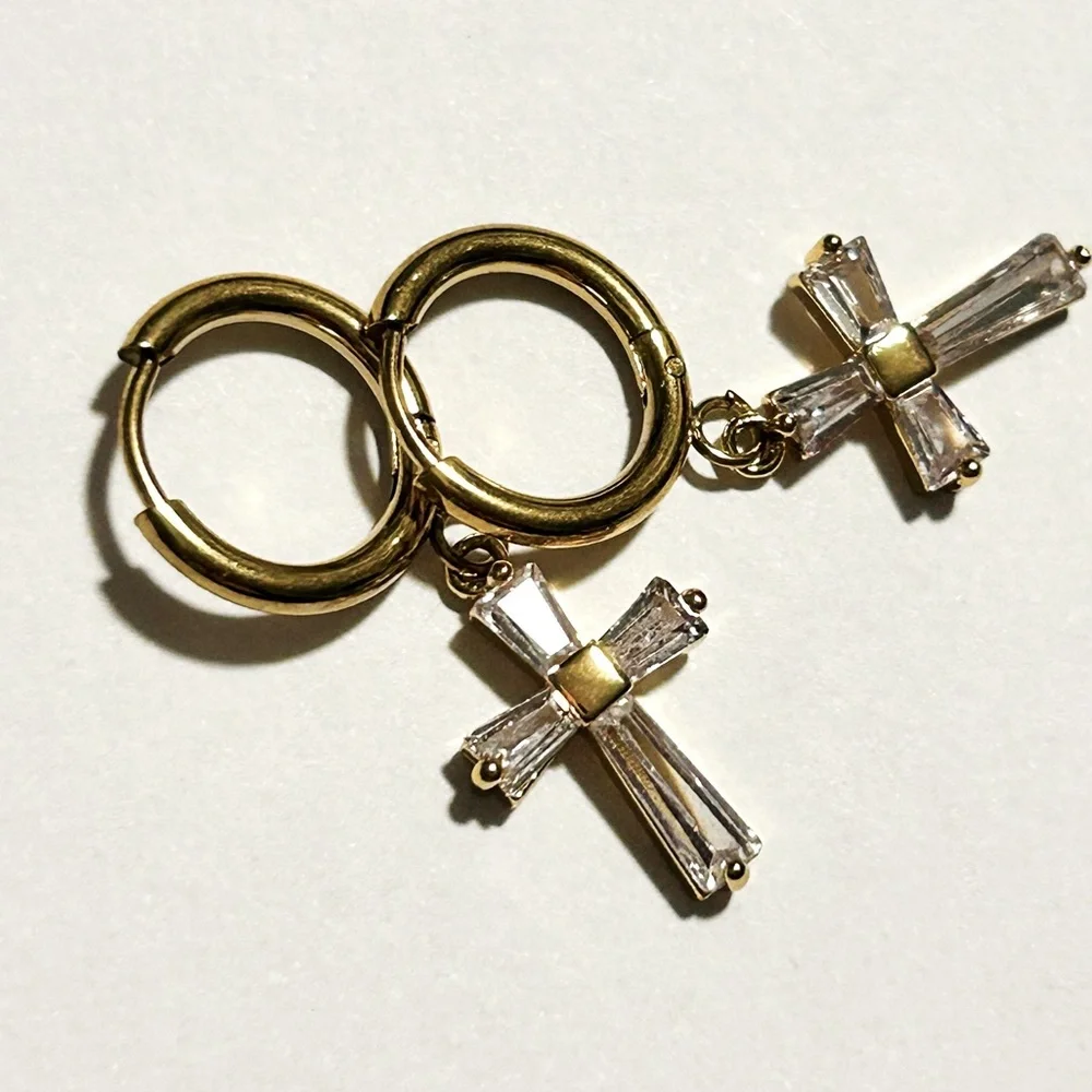Baguette‎ Inlaid Zirconia Stainless Steel Gold Tone Dangle Cross Earrings NEW